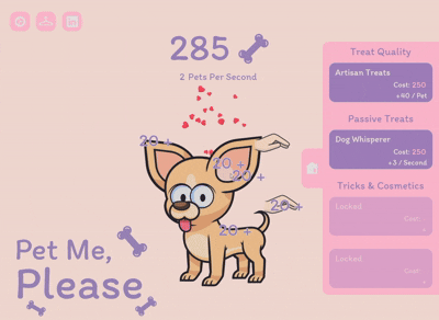 Pet Me, Please — idle clicker gameplay showing dog petting and treat upgrades